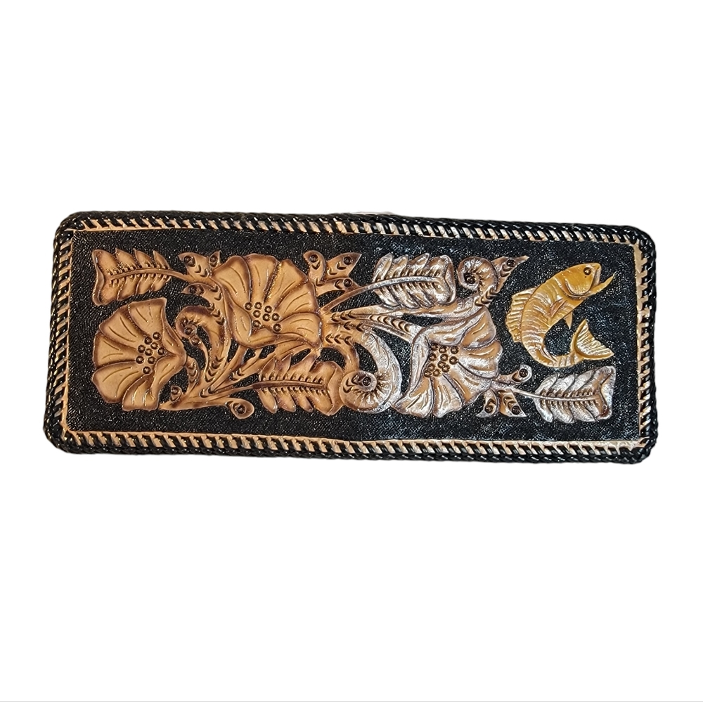Hand Tooled Vintage Floral Large Mouth Bass Nature Scene Leather Bi-Fold Wallet